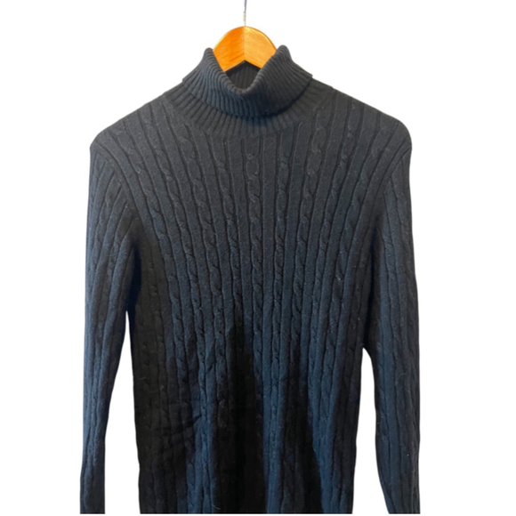 TOMMY HILFIGER Wool Alpaca Blend Black Cable Knit Fitted Turtleneck Sweater L - Picture 2 of 8